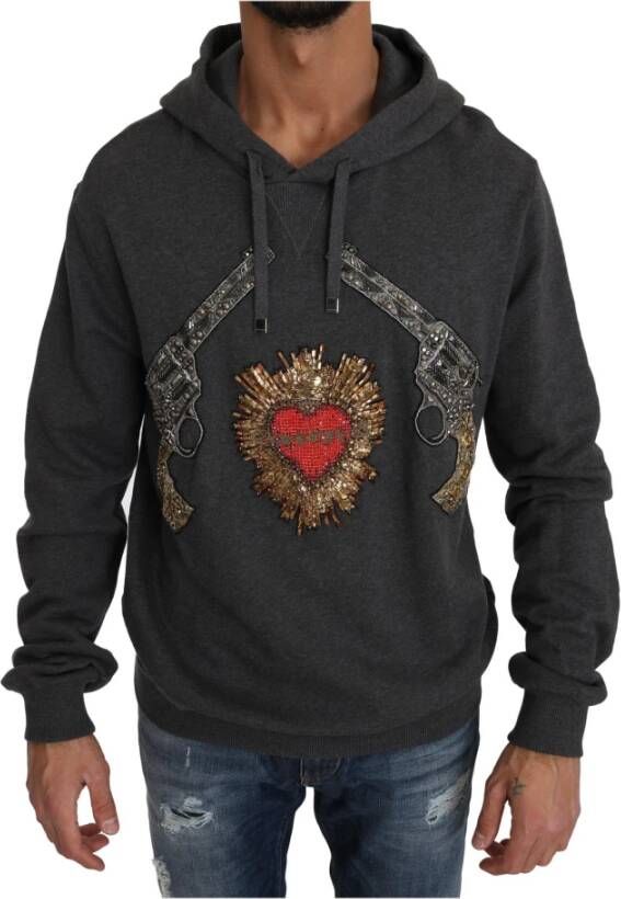 Dolce & Gabbana Gray Hooded Red Crystal Heart Gun Sweater , Grijs, Heren