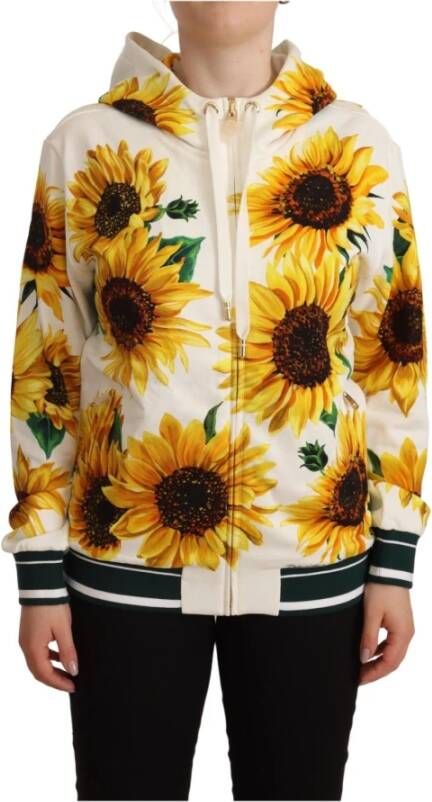 Dolce & Gabbana White Daisy Sunflower Hooded Zipper Cotton Sweater , Wit, Dames