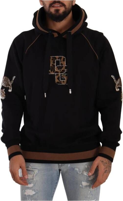 Dolce & Gabbana Leopard Cotton Hooded Pullover Sweater , Zwart, Heren