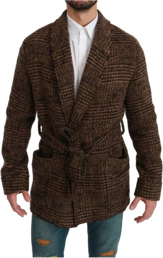 Dolce & Gabbana Checkered Wool Robe Coat Wrap Jacket , Bruin, Heren
