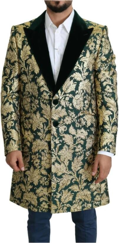 Dolce & Gabbana Jacket Sicilia Green Gold Jacquard Long Coat , Groen, Heren