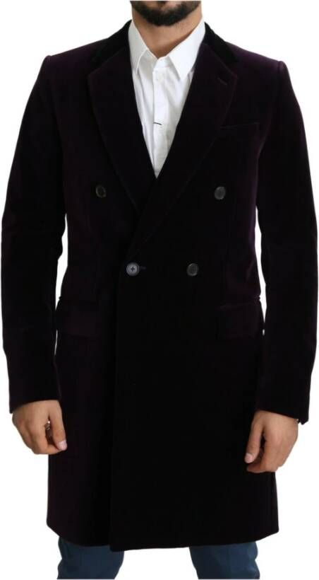 Dolce & Gabbana Purple Velvet Double Breasted Long Coat Jacket , Paars, Heren