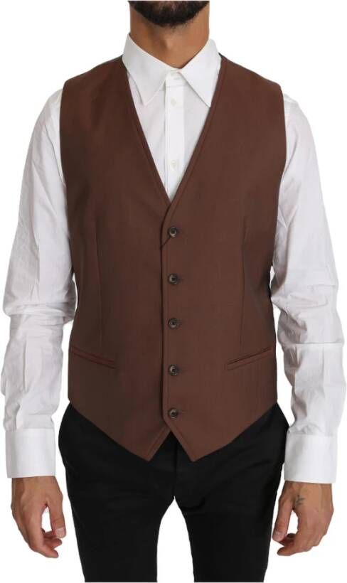 Dolce & Gabbana Brown Wool Silk Waistcoat Vest , Bruin, Heren