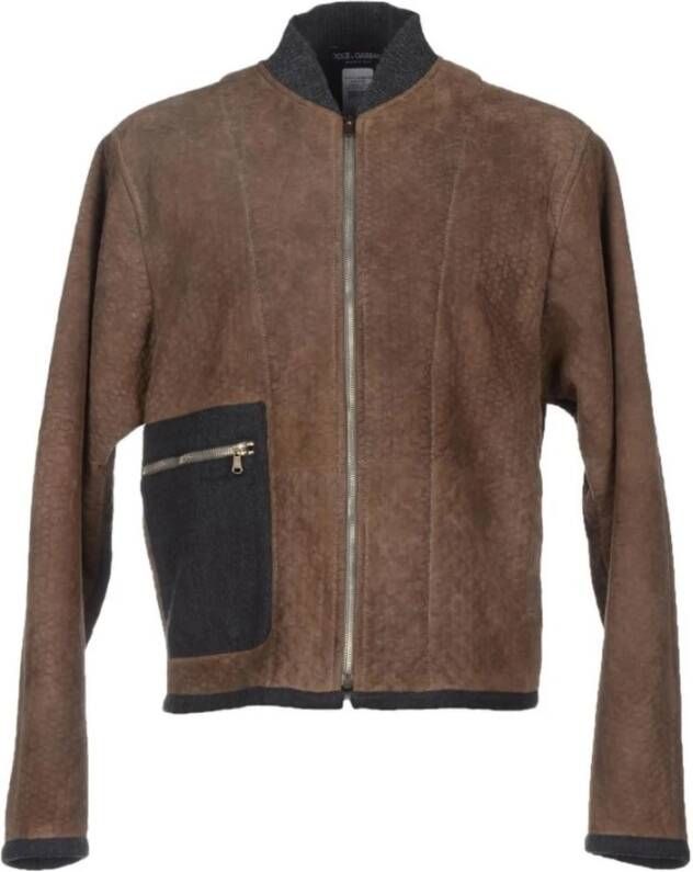 Dolce & Gabbana Brown Gray Leather Jacket Coat , Bruin, Heren