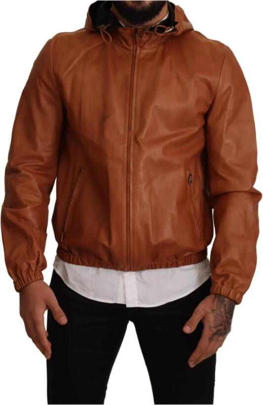 Dolce & Gabbana Leather Lambskin Hooded Jacket , Bruin, Heren