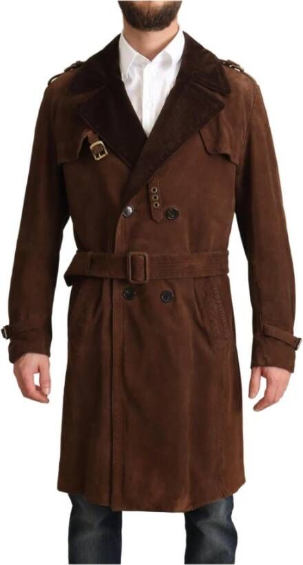Dolce & Gabbana Brown Leather Long Trench Coat Men Jacket , Bruin, Heren
