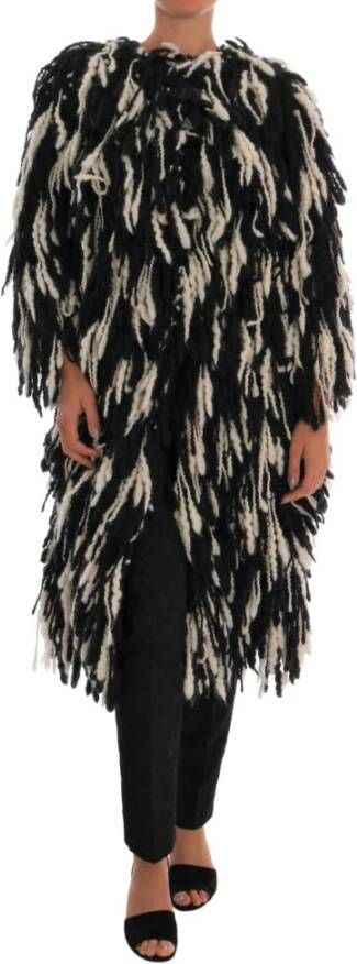 Dolce & Gabbana Black White Fringes Coat Wool Coat , Zwart, Dames