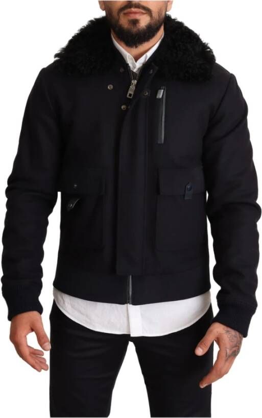 Dolce & Gabbana Wool Pilot Black Shearling Jacket , Blauw, Heren