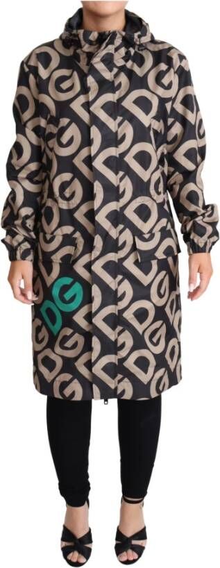 Dolce & Gabbana Black Beige DG Mania Windbreaker Coat Jacket , Zwart, Dames