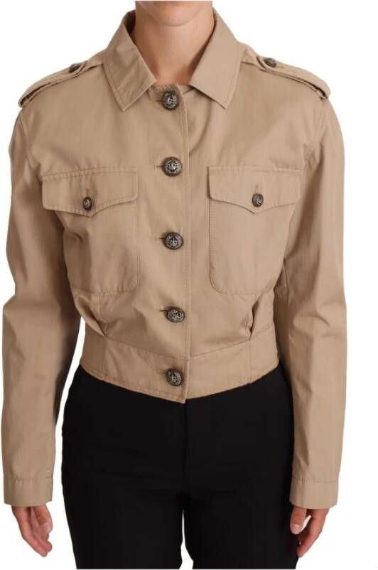 Dolce & Gabbana Cropped Fitted Cotton Coat Jacket , Beige, Dames