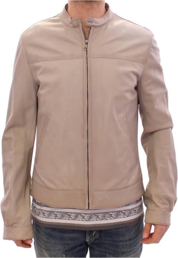 Dolce & Gabbana Beige Leather Jacket Biker Coat , Beige, Heren