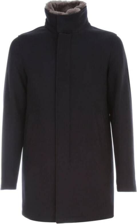 Herno Diagonale wollen carcoat met bont kraag , Blauw, Heren