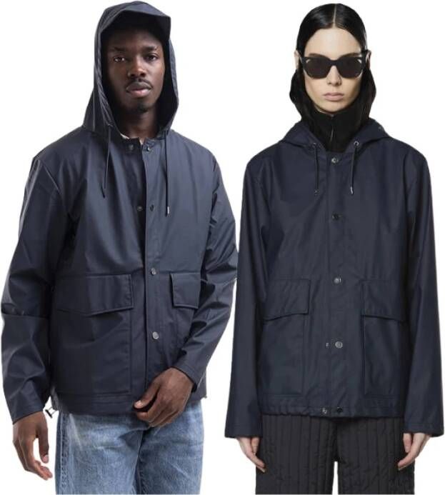 Rains Short Hooded Coat 18260 Navy , Blauw, Unisex