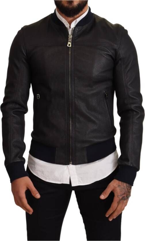 Dolce & Gabbana Leer Full Zip Bomber Jacket , Zwart, Heren