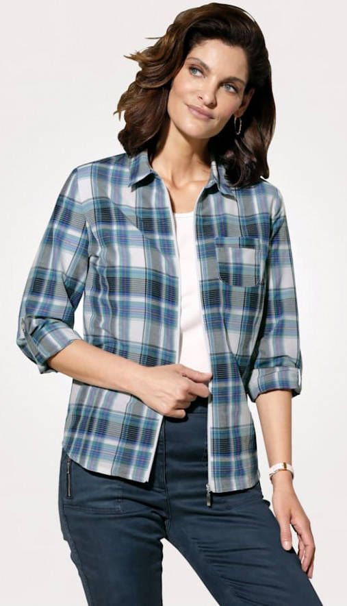 MONA Blousejasje van geruite weefstof Groen/Blauw/Wit