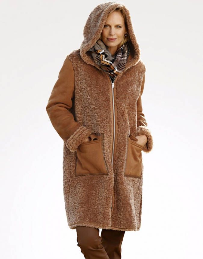 MONA Mantel van een modieuze materialenmix Cognac