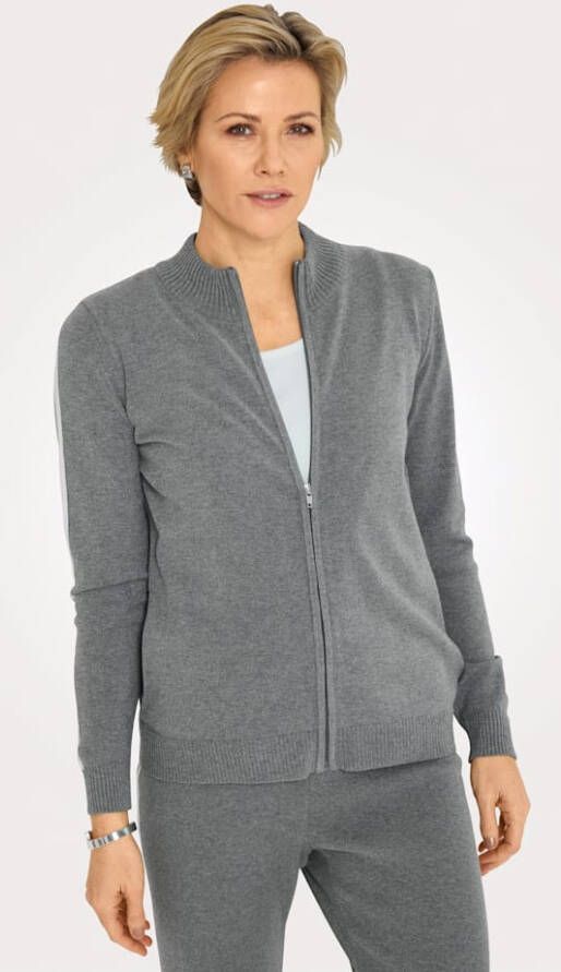 MONA Vest met contrastkleurige gestreepte inzet Grijs/Ecru