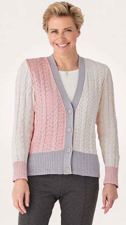 MONA Vest met subtiel ajourpatroon Roze/Ecru/Grijs