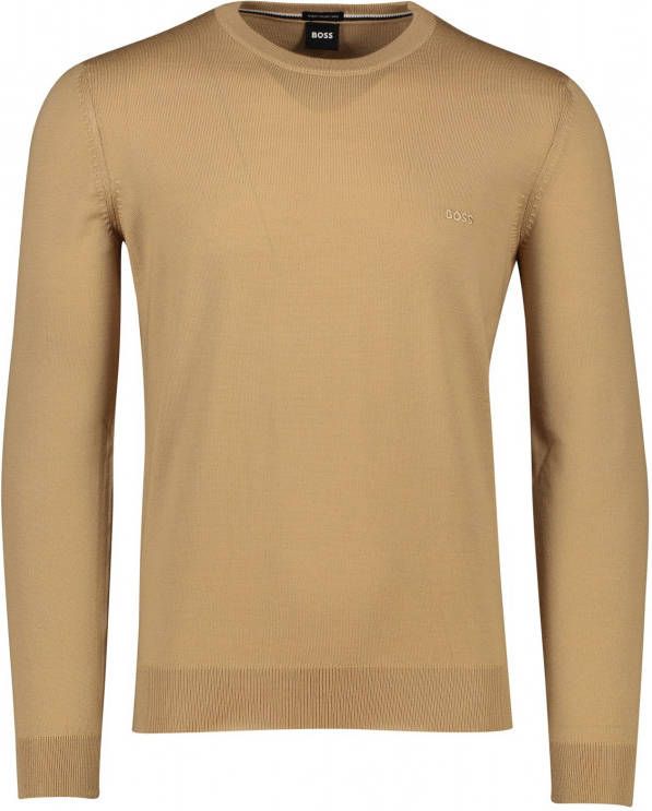Hugo Boss trui camel effen merinowol ronde hals