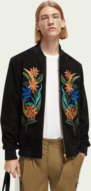 Scotch & Soda Suède bomberjack met borduursel