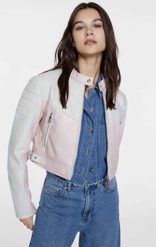 Stradivarius Cropped Bikerjack Met Color Block Pastelroze