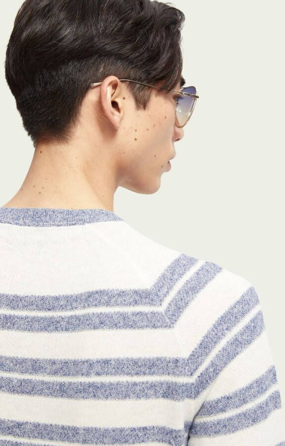 Scotch & Soda Blauw/wit Gestreepte Trui Structured Knit Linen blend Crewneck Pullover