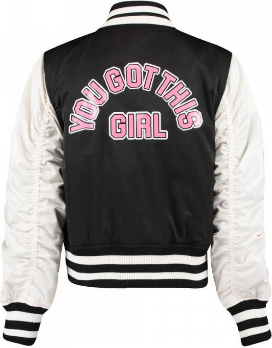 CoolCat Junior baseball jacket Jade CG met tekst zwart/wit/roze