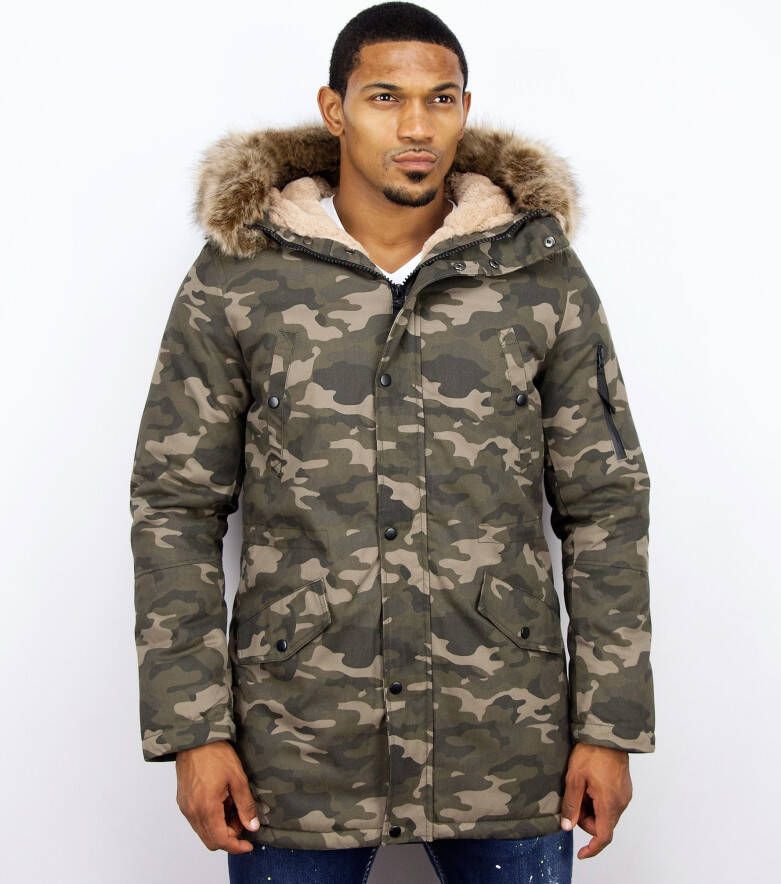 Parka Jas Enos Lange Winterjas Met Bontkraag Camouflage
