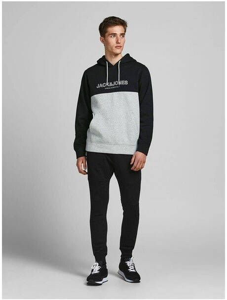 JACK & JONES ESSENTIALS hoodie JJEURBAN met logo zwart/grijs melange
