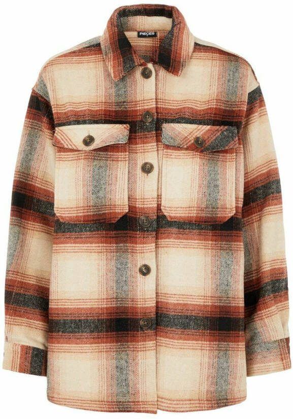 PIECES geruite shacket PCCARLENE van gerecycled polyester terra/beige