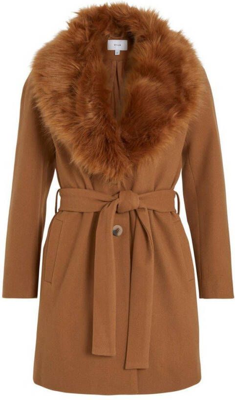 Vila Lange jas petite imitatiebonten kraag