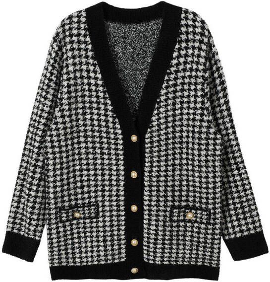 Mango gebreid vest met wol en pied de poule zwart/gebroken wit