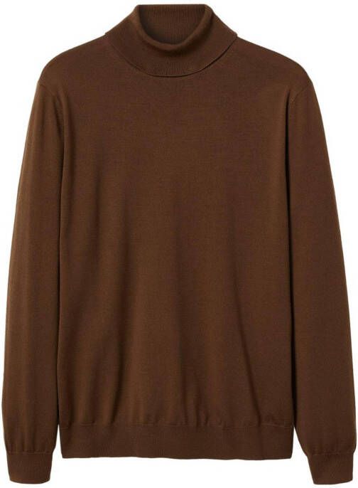 Mango Man fijngebreide coltrui van merinowol middenbruin