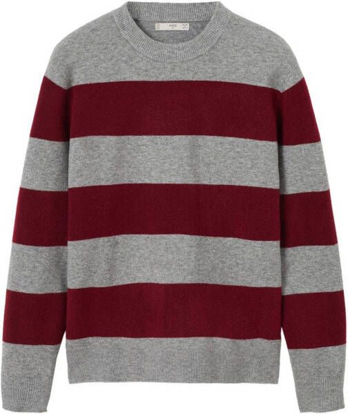 Mango Man gestreepte fijngebreide trui met wol donkerrood/grijs
