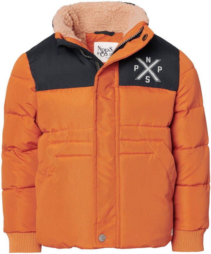 Noppies gewatteerde winterjas Bulan met tekst oranje