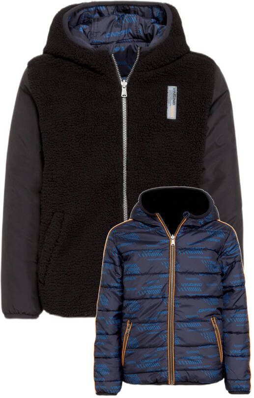 Vingino reversible gewatteerde winterjas Teson met contrastbies donkerblauw/zwart
