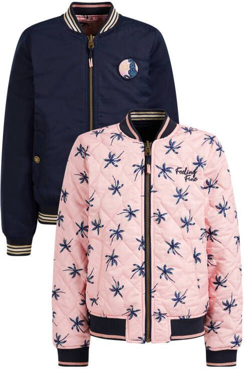 WE Fashion reversible bomberjack met all over print donkerblauw/roze