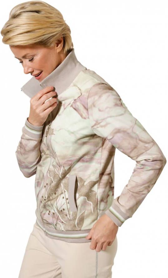 MONA Sweatvest met trendy marmerprint Taupe/Ecru/Lavendel