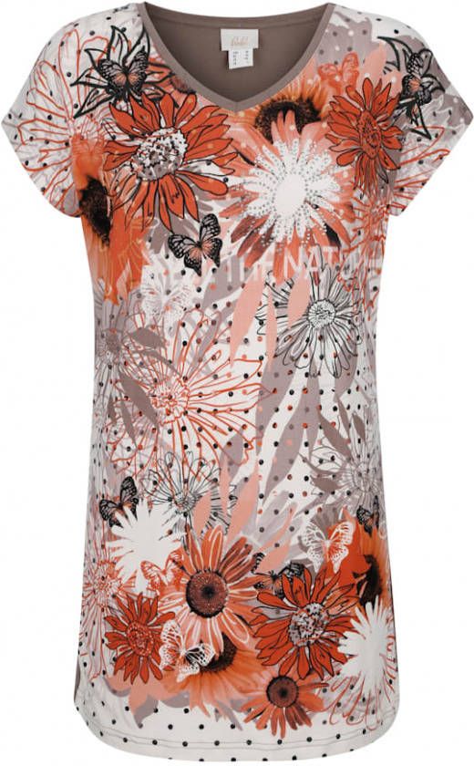 Paola Longshirt met bloemendessin Taupe/Oranje/Wit